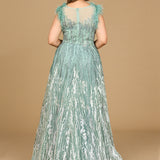 Lace ballgown with Feather Cap Sleeves