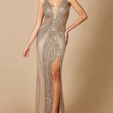 Lara 29499 - Embellished Long Dress with Thigh High Slit