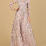 Lara 29618 - Beaded Long Sleeve A-line Dress