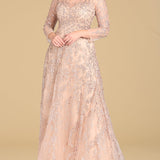 Lara 29677 - Illusion Neckline A-line Long Sleeves Gown