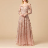 Lara 29677 - Illusion Neckline A-line Long Sleeves Gown