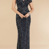Lara 29746 - Beaded V-Neckline Dress with Cap Sleeves