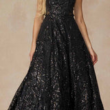 Juliet 297 Floor Length Feathered Cap Sleeve Patterned Sequin A-Line Gown
