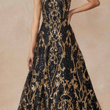 Juliet 297 Floor Length Feathered Cap Sleeve Patterned Sequin A-Line Gown