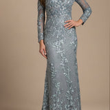 Lara 29924 - Long Sleeve Lace Dress With Lace Appliques
