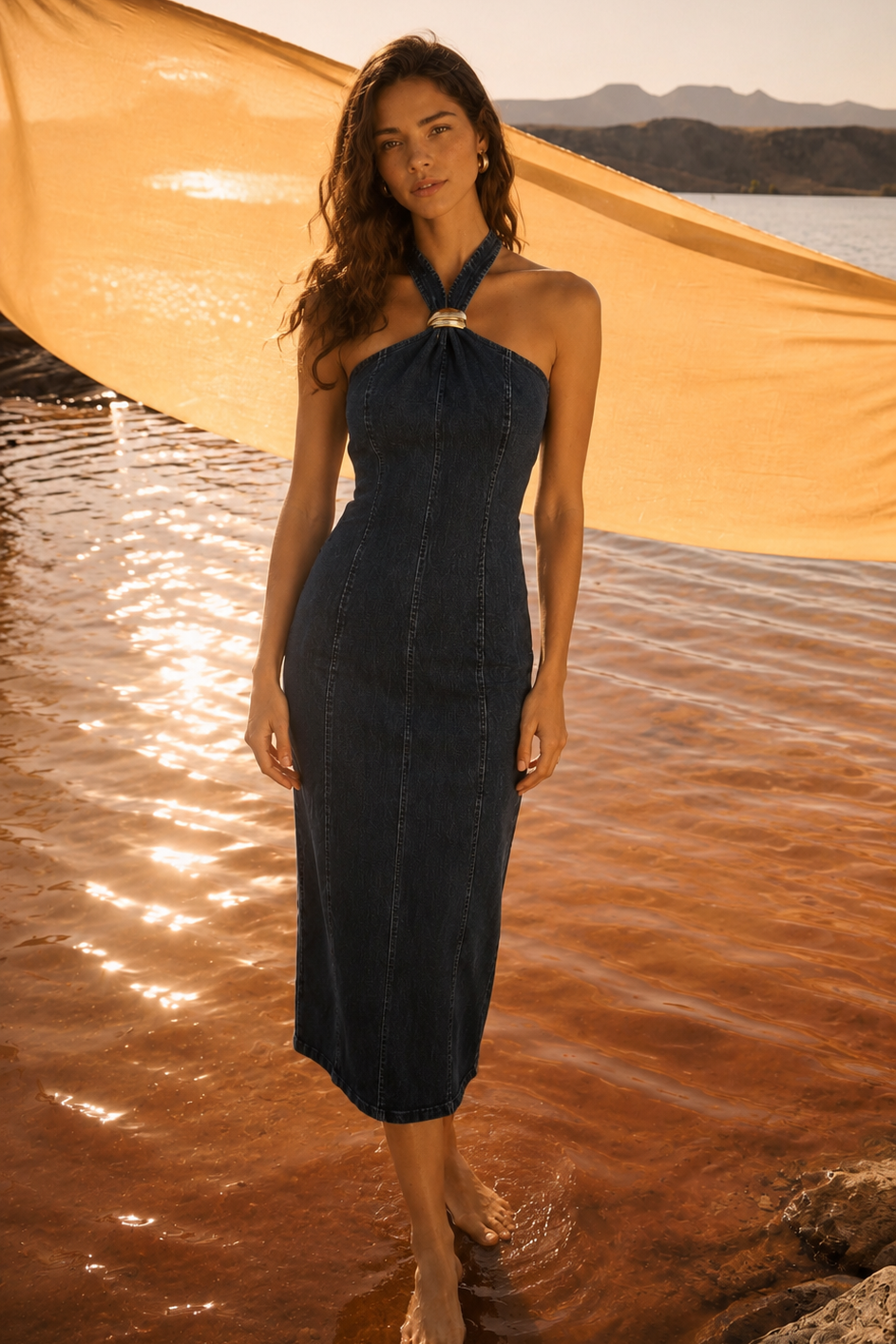 Flying Tomato Statement Denim Midi Dress in dark indigo