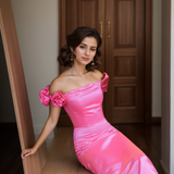 3D floral sleeves Off the shoulder ankle length sheath silky satin prom dress