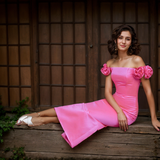 3D floral sleeves Off the shoulder ankle length sheath silky satin prom dress