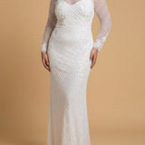 High Neck, Long Sleeve Beaded Wedding Gown | Lara 51004