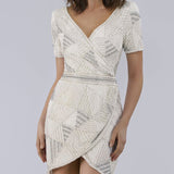 Becky Beaded Faux-Wrap Short Sleeve Cocktail Dress