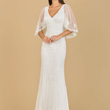 Cape Sleeve V-Neck Beaded Gown