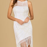 Illusion Neck, Fringe Bridal Short Dress