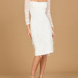 Long Sleeve Bridal Midi Gown with Feathers
