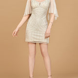 Lara 51213 - Beaded Cape Sleeve Wedding Short Dress