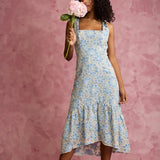 Straight Neck Sleeveless High Low Midi Dress