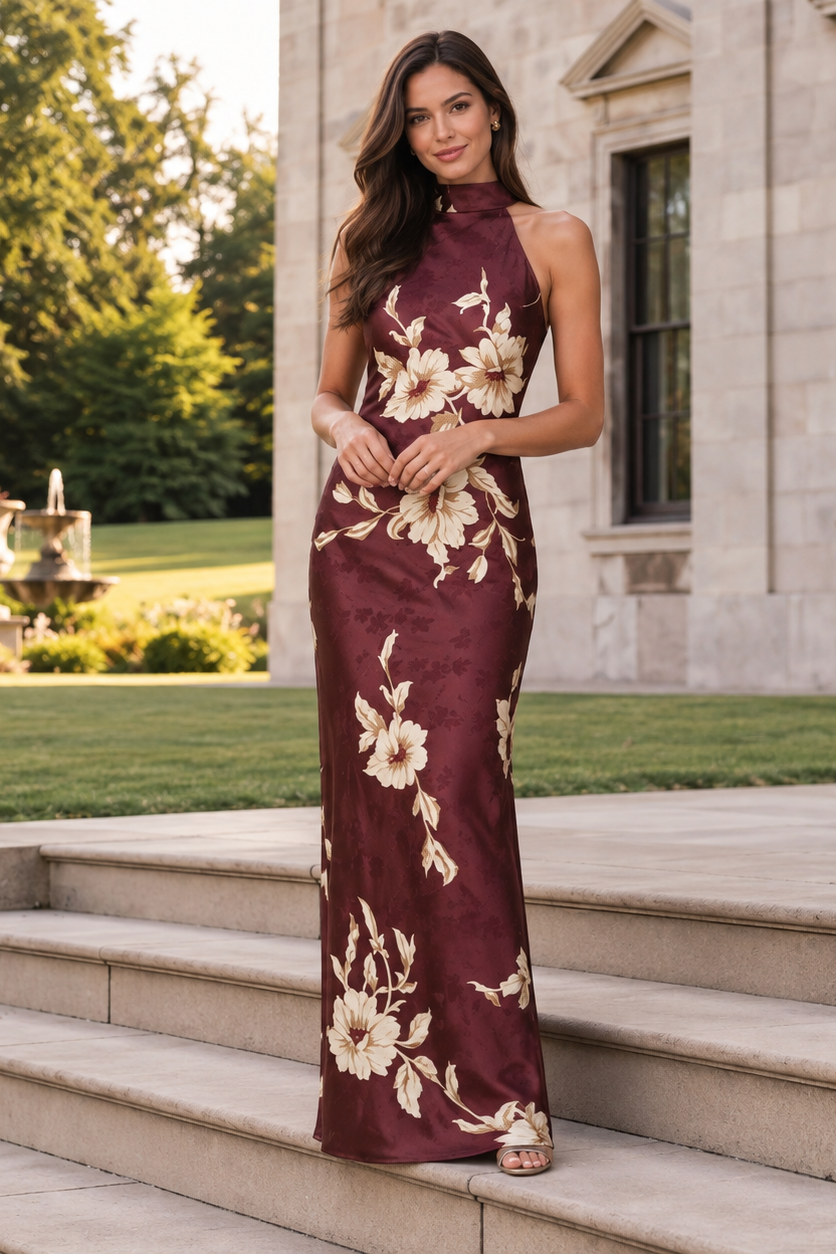 Flying Tomato Bordeaux Ivory Bloom Woven Maxi Dress in brown/ivory