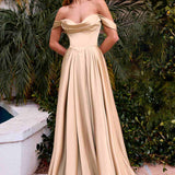 Ladivine 7449 A-Line Fitted Bodice Off the Shoulder Satin Dress