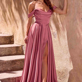 Ladivine 7449 A-Line Fitted Bodice Off the Shoulder Satin Dress