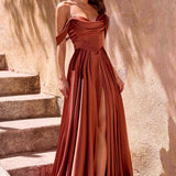 Ladivine 7449 A-Line Fitted Bodice Off the Shoulder Satin Dress