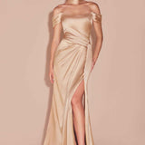 CLEARANCE - Ladivine 7452 Dress Off the Shoulder Sage Green Satin Gown (Size 10)