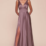 Ladivine 7469 Long Formal Evening Satin Dress with Slit