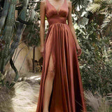 Cinderella Divine 7469 Floor Length Satin Formal V-Neckline Dress