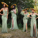Cinderella Divine 7494 Long Fitted Satin Ruched Dress with Slit