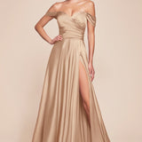 Cinderella Divine 7493C Long Plus Size A-Line Off the Shoulder Satin Dress