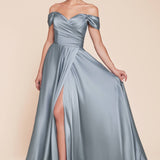 Cinderella Divine 7493C Long Plus Size A-Line Off the Shoulder Satin Dress