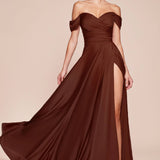Cinderella Divine 7493C Long Plus Size A-Line Off the Shoulder Satin Dress