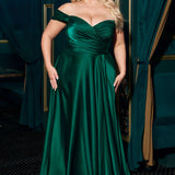 Cinderella Divine 7493C Long Plus Size A-Line Off the Shoulder Satin Dress