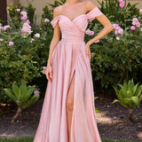 Cinderella Divine 7493C Long Plus Size A-Line Off the Shoulder Satin Dress