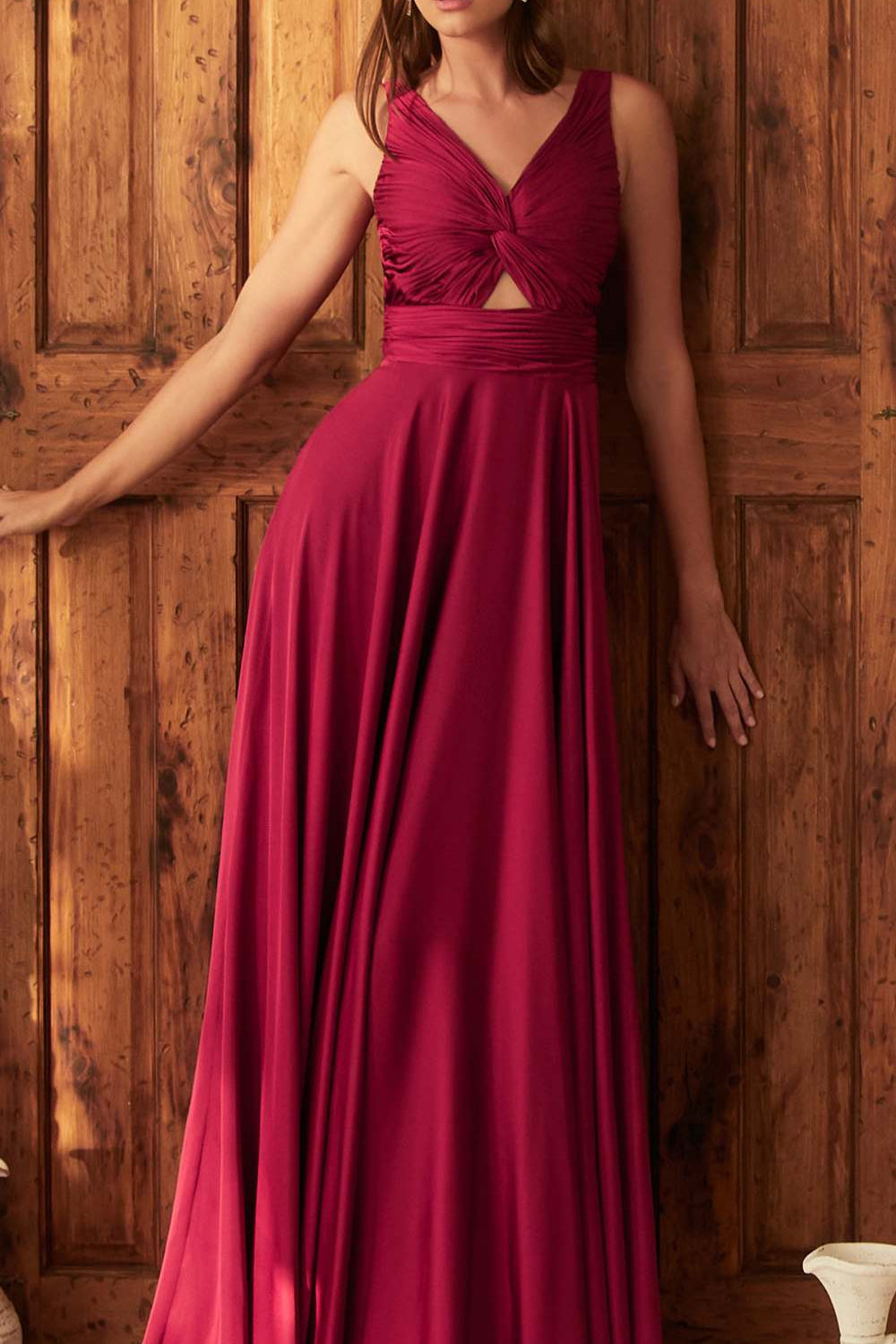 Ladivine 7497 Long A-Line Satin Keyhole Twisted Bodice Formal Gown