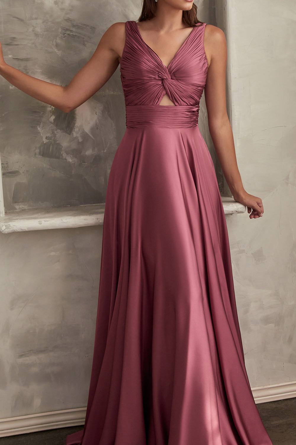 Ladivine 7497 Long A-Line Satin Keyhole Twisted Bodice Formal Gown
