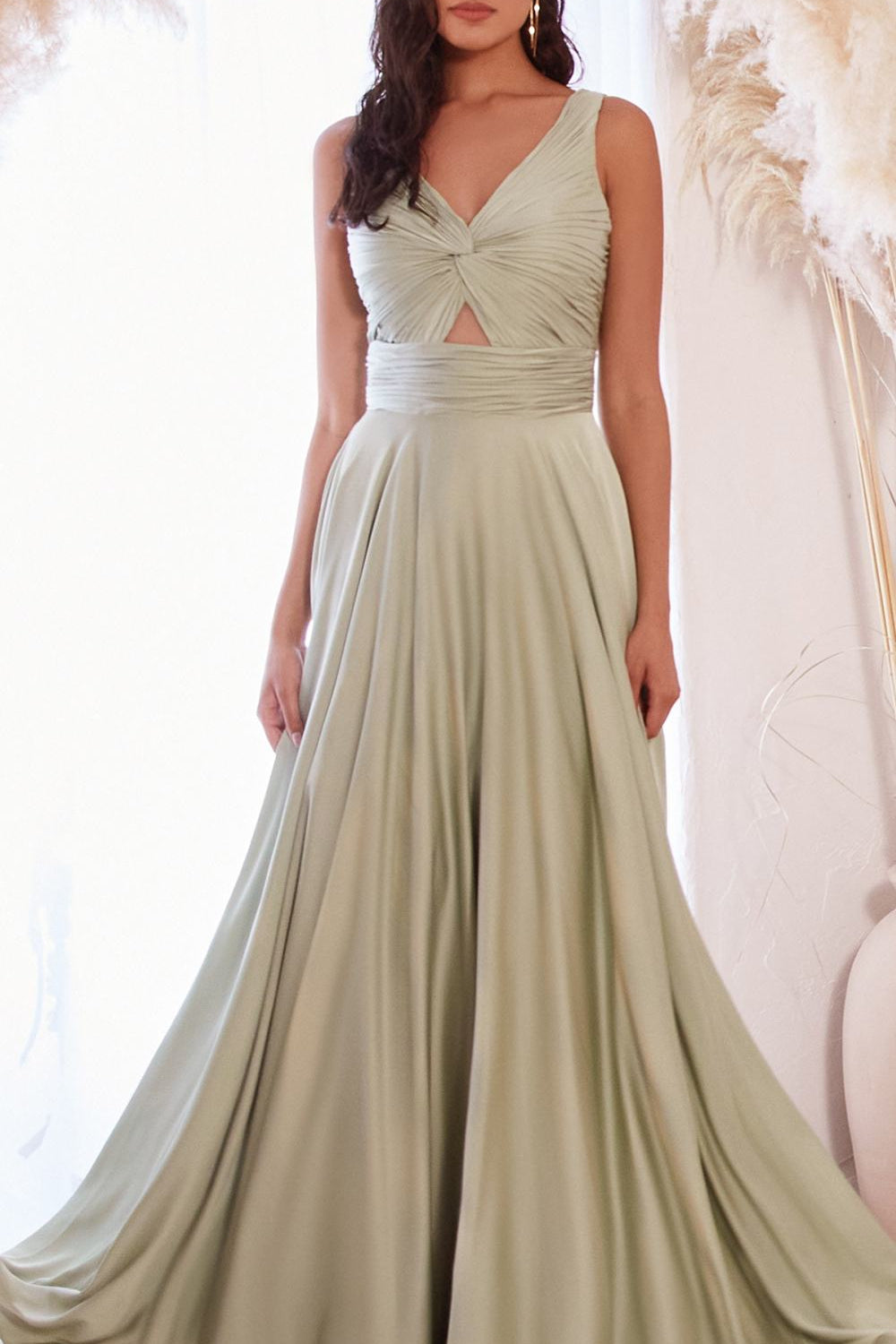 Ladivine 7497 Long A-Line Satin Keyhole Twisted Bodice Formal Gown