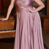 Ladivine 7497 Long A-Line Satin Keyhole Twisted Bodice Formal Gown