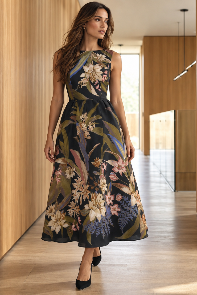 Flying Tomato Foliage Whisper Woven Midi Dress in black