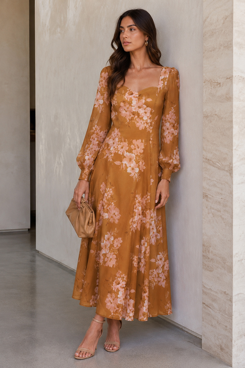 Flying Tomato Golden Blossom Woven Ankle Dress in brown