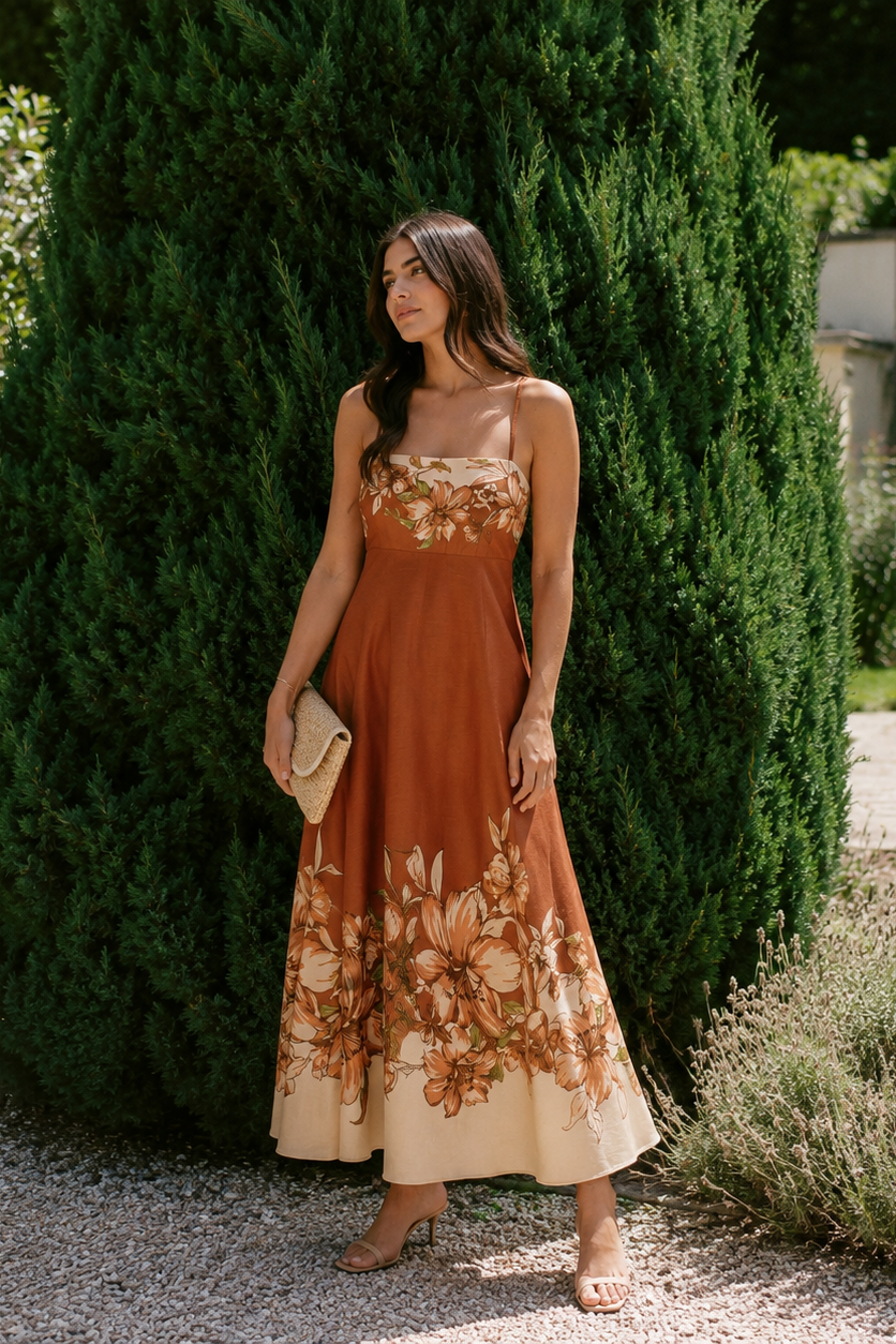 Flying Tomato Autumn Petal Woven Midi Dress in terracotta