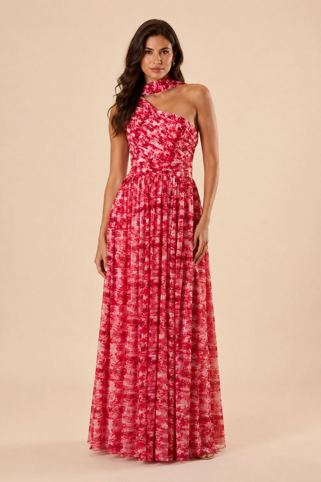 "Raspberry floral chiffon one-shoulder maxi dress with pleated bodice and flowing tie scarf."
