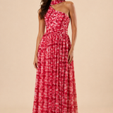 "Raspberry floral chiffon one-shoulder maxi dress with pleated bodice and flowing tie scarf."
