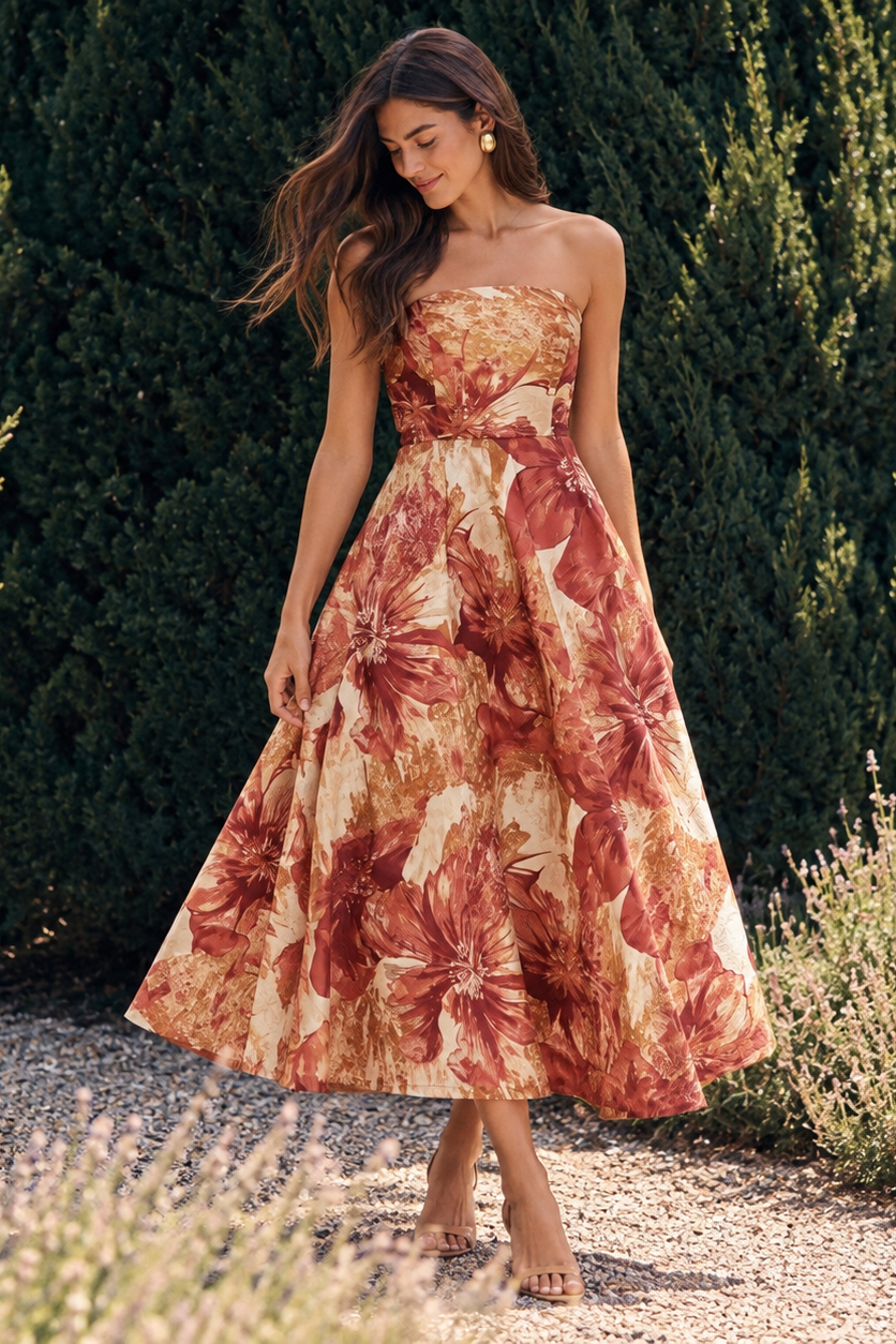 Flying Tomato Cinnamon Flora Drift Woven Midi Dress in terracotta