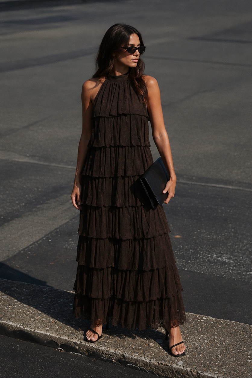 Flying Tomato Deep Brown Lace Drift Halter Woven Maxi Dress