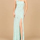 One Shoulder Beaded Gown with Slit