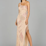 One Shoulder Beaded Gown with Fringe Slit