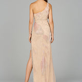 One Shoulder Beaded Gown with Fringe Slit