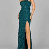 Beaded Strapless Dress with Slit