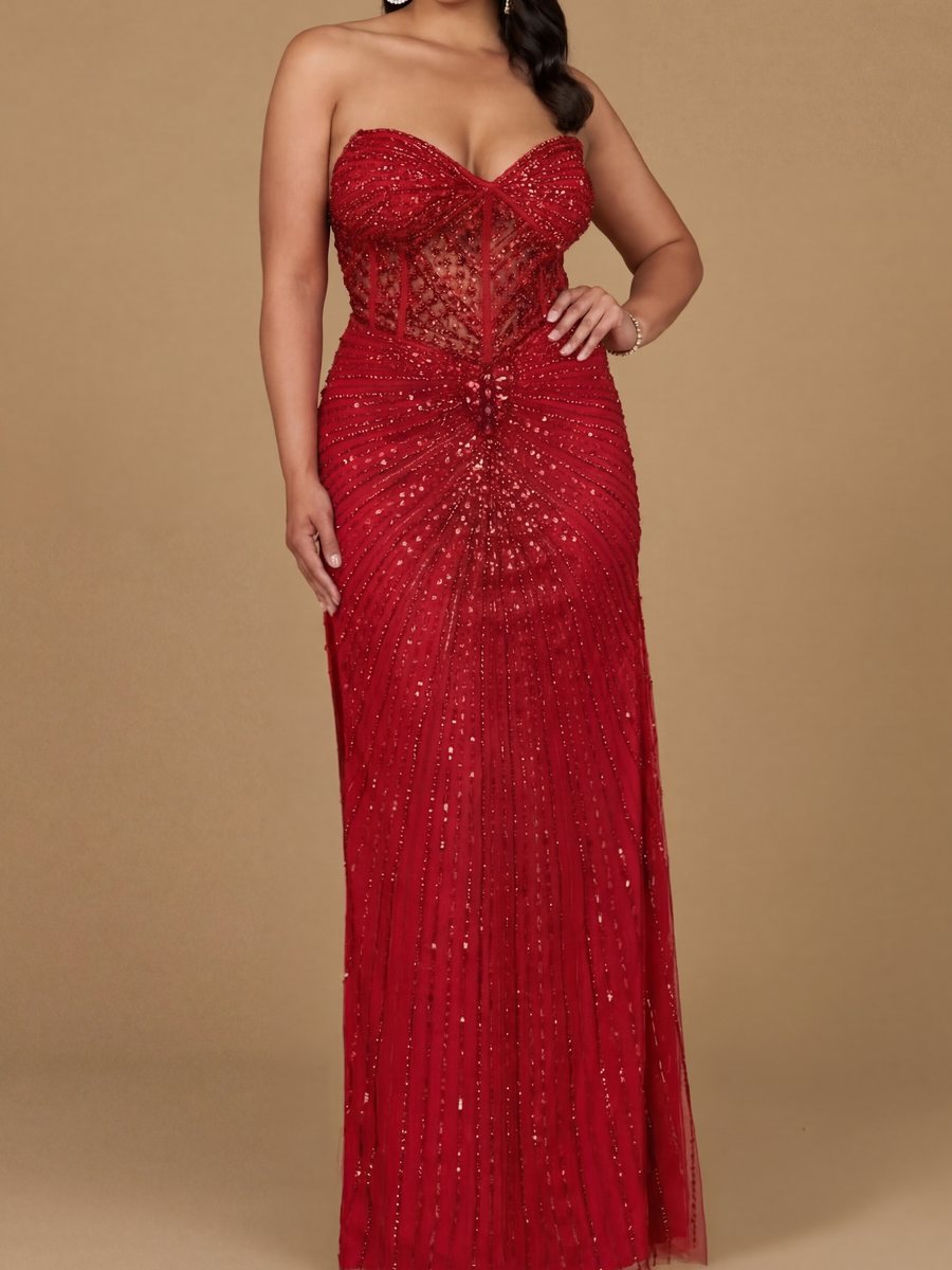Embellished Strapless Gown with Slit | 9953
