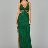 Cutout Beaded Gown with Fringes