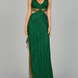 Cutout Beaded Gown with Fringes